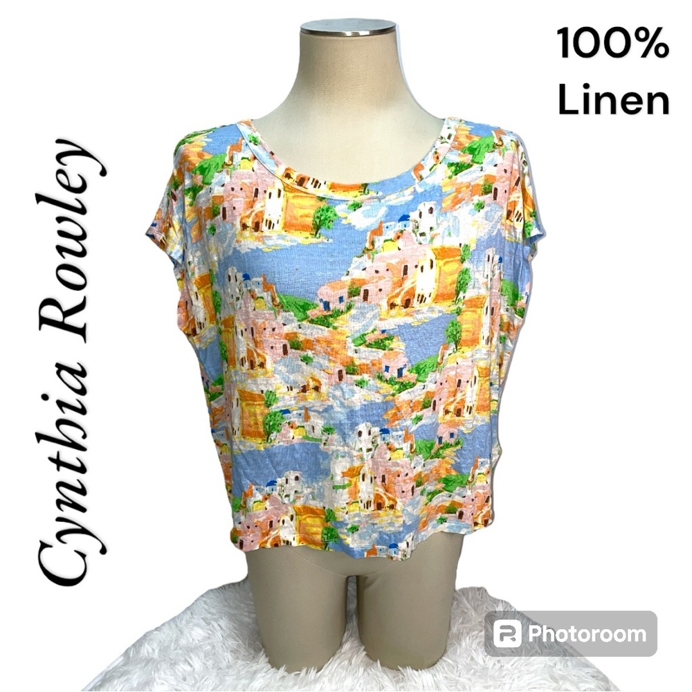Cynthia Rowley 100% Linen Greek Island Novelty Print Blouse Top Size XL